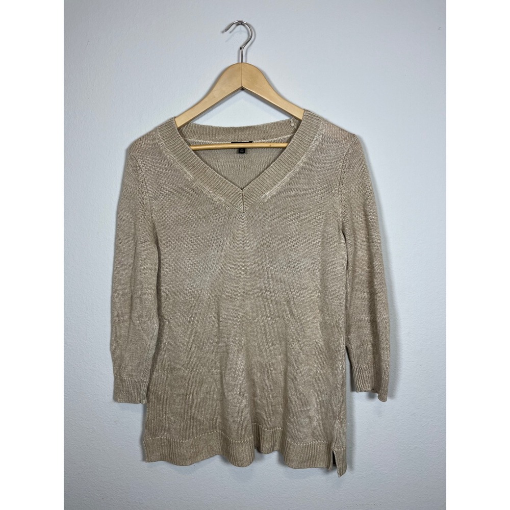 Talbots Womens Tan Beige V-Neck 3/4 Sleeve Knit Pullover Sweater Size S